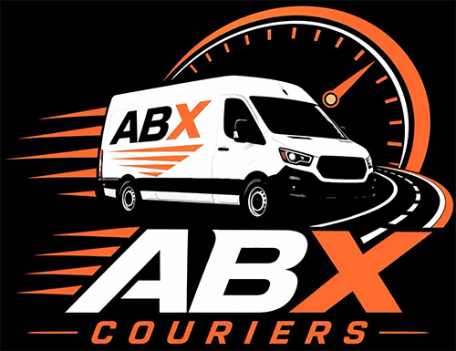 ABX Couriers logo featuring a delivery van in motion with a speedometer, representing quick delivery service and reliability for three key areas.
