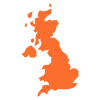 map of the united kingdom in orange color highlighting geography and 15 regions