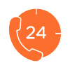 orange clock with phone symbol indicating 24 hour service six key features