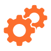 two interlocking orange gears representing mechanical processes and technology enhancements for 23 innovations