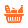orange shopping basket filled with bread apple and beverage representing grocery shopping for 19 essentials