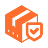 orange box with check mark shield symbol representing product packaging and delivery protection for 22 items shipped safely