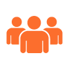 three orange user icons representing a group of people with concepts related to seven members or seven connections