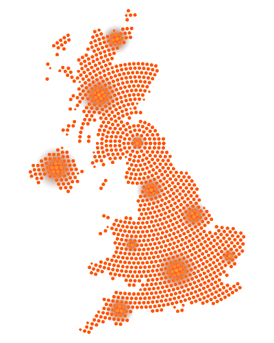 map of the United Kingdom with orange dotted circles representing data points showing density and distribution related to 4 key locations in the region